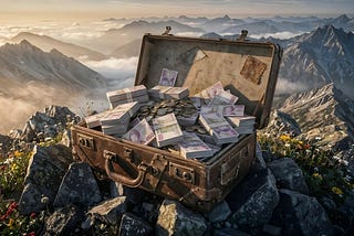 “a suitcase full of Canadian Money, mountaintop, beautiful disharmony, repaired, sporadic symmetry in nature, deep textures, hyperdetailed extravagant masterpiece, 50mm lens, ray tracing, shadow depth, 16k”, AI, AI Art, NightCafe