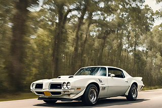 A white, 1970 Trans Am drives down a two-lane highway in the deep woods of Florida.