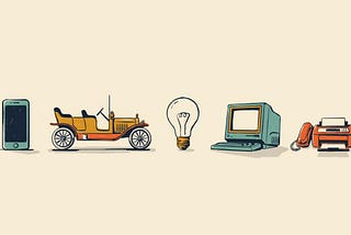 iphone, model T car, light bulb, computer, fax machine images