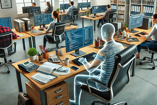 A transparent person sitting at a computer desk in an office full of other workers.