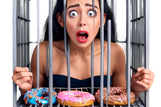 Young woman behind the bars of a cage filled with doughnuts, as a symbol of sugar addiction.