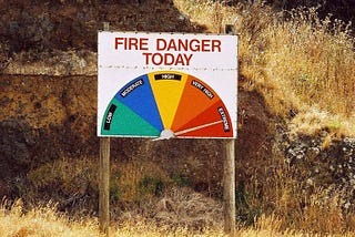 A sign reading “fire danger today — low, moderate, high, very high, extreme” with an arrow pointing to extreme.