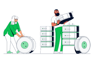 Two people building a data center