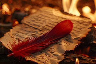 A red feather lies on a burnt manuscript surrounded by flames, evoking a dramatic scene of destroyed writings.