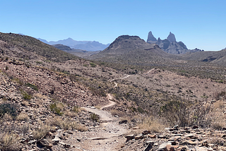 Mule Ears Spring Trail, with the Mule Ears in the distance