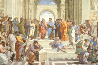 Scuola di Atene by Raffaello Sanzio da Urbino depicts a grand, architectural setting where numerous ancient philosophers, mathematicians, and thinkers are gathered in discussion. One of the philosophers is thought to be Epicurus.