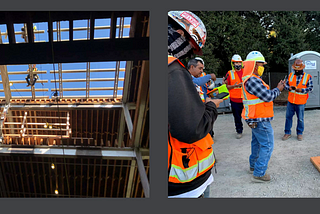 Construction project site and construction workers on their devices.