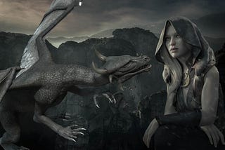 dark fantasy picture of a dragon flying to a woman crying on the rocks