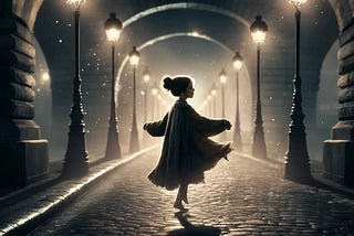 A little waif dances on Paris streets in the lamplight