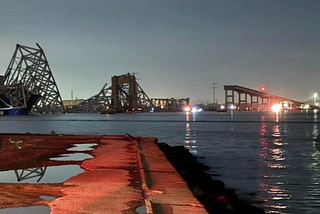 Francis Scott Key Bridge collapses into the Patapsco River in Baltimore. Morning showing the bridge, in pieces, in the river. Maryland, News, major, bridge, collapse, accident, ship, loss of life