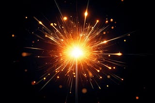 A bright, glowing sparkler against a dark background. The sparkler emits a burst of golden light with sparks radiating outward in all directions. The intense center of the sparkler is white-hot, gradually transitioning to a warm orange and gold as the sparks spread. Tiny glowing particles surround the sparkler, adding a dynamic and festive feel to the image.