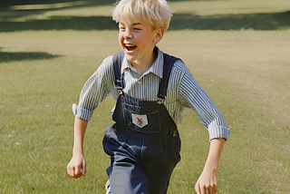 A boy in navy overalls happily running across the grass.