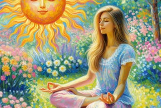 lovely woman sitting meditating, a bright happy sun