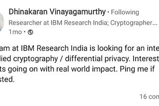 Off-campus Project Assistantship at IBM Research, India