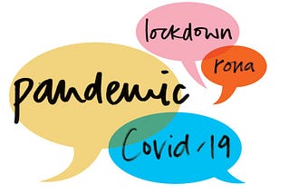 A series of speech bubbles in different colors with the words lockdown, rona, Covid-19, and pandemic.