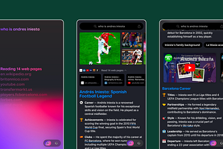 Arc’s “browse for me” feature generates a custom page based on your search, pulling insights from multiple sources. Shown here is a search for “who is Andres Iniesta” with summarized details, images, and relevant links.