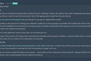 Chat application interface with a new lengthy message, explaining part 2 of why accessibility is important