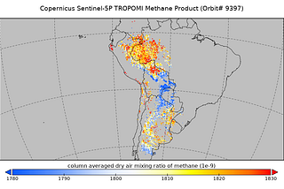 Copernicus Sentinel-5P TROPOMI Methane Product (Orbit# 9397) — a map of false-color visualization of methane concentrations over South America