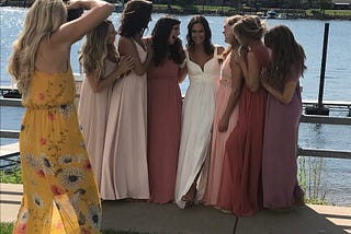 Friends posing for a wedding party photo