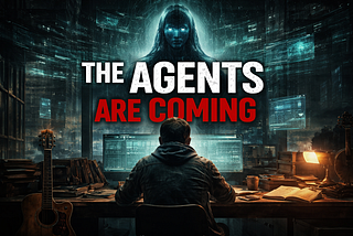 Gritty digital illustration of a man at a desk facing glowing AI screens with a looming digital figure above, symbolizing the rise of AI agents in enterprise, small business, and creative industries.