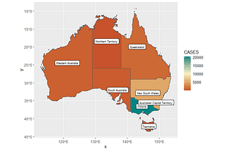 A map of Australian regions showing covid cases indicated by a HCL rainbow color scale based legend and with labels on the regions.