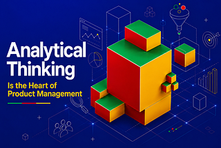 Abstract visualization of analytical thinking in Product Management, showing data, user insights, business metrics, experimentation, and decision-making elements connected through a central analytical framework.