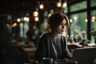 Image of a woman working in a dimly lit cafe.