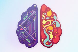 An abstract image of two sides of a brain. One side looks like it is a machine part, the other looks more creative and free.