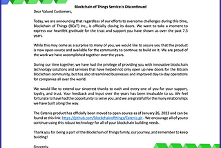 Thank you for 7.5 Years of Blockchain Building. Blockchain of Things Inc. Service Discontinued