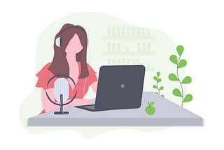 Illustration of a modern employee using her laptop and headphones to work remotely