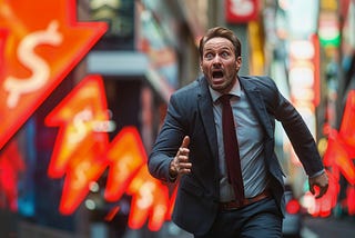 A businessman in a suit urgently rushes through a busy street filled with glowing neon signs.