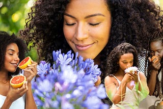 different women smelling different objects