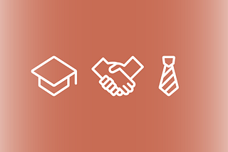 Icons of a graduation cap, a teamwork icon, and a tie over an orange gradient background.