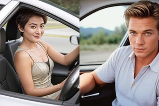 Pandora and Marc in her rental car ©J. Crispin-Ripley, AI generated in Draw Things (Mac app) and edited by the author