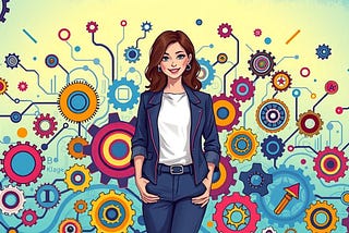 Image shows a woman with a blazer and trousers, her thumbs casually in her pockets and smiling into the camera. Behind her, there are lines and wheels to indicate connections in a community.