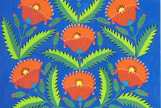 a vertically rectangular painting of eight red poppies in naïve art (primitivism) style. the poppies are symmetrically arranged to take over the majority of the space. they have contrasting sharp-edged light-green dark-green leaves at the base of their stems, and new poppies are budding from the stems as well. the background is solid medium blue and the vase is red with organic pink and white oblong shapes on it.