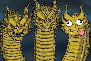 The Dragon with three heads meme: the Left dragon looks aggressively dangerous, Middle dragon looks contemplatively dangerous, the Right dragon head looks derpy (poorly animated with tongue lolling out and eyes pointing different directions).