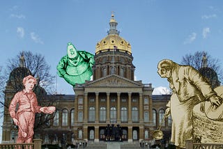 The Iowa state-house. On the right side of the steps is an engraved drawing of Oliver Twist, holding out his porridge bowl. On the left side is the cook, denying him an extra portion. Peeking out from behind the dome is a business-man in a suit with a dollar-sign-emblazoned money-bag for a head. Image: Iqkotze (modified) https://commons.wikimedia.org/wiki/File:Iowa_State_Capitol_April_2010.jpg CC BY 3.0 https://creativecommons.org/licenses/by-sa/3.0/deed.en