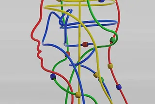 An illustration with a head with many thoughts used to depict a disrupted mental state.