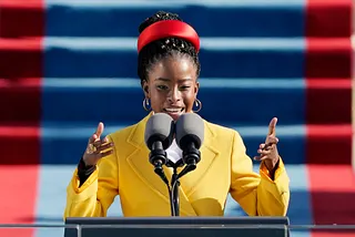 American poet Amanda Gorman reads a poem during the 59th Presidential Inauguration at the US Capitol.