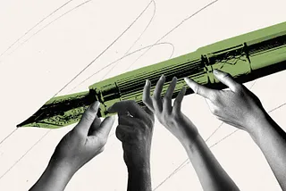 Image of a giant pen being held by many hands.