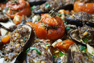 Tomatoes and Eggplant “Boats” with Ground Lamb in a Hot Tomatoes Sauce