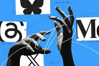 Graphic with blue background showing two hands with thread wrapped around them. Logos of social media sites are displayed in the background of the image.
