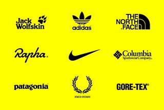 Sports brand logos, in black, on a yellow background