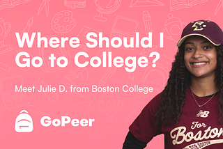 Text overlay red background: Where should I go to College? Meet Julie D. from Boston College. Young woman wearing red cap and shirt, smiling in the right side of image.