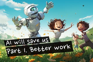 A very happy cure image of a robot playing in the field with other human children. They are jumping around in a flower meadow smiling waving their hands and having fun. Looking at each other. The sun is rising and the skye is blue. All in a childrens cartoon style