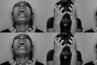 Triptych showing woman screaming, then holding head in hands, then screaming.