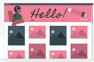 Arte que representa un portafolio web, en tonos rosados y grises