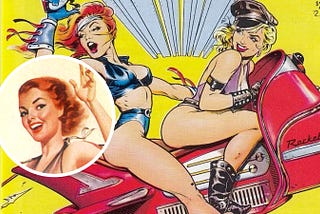 Partial image of Planet Comics #1 cover showing two, beautiful, scantily-clad “bad girls” riding a red rocket scooter.