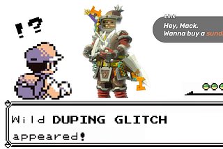 Mash up of a first generation Pokemon battle, and Link holding lots of diamonds from Zelda: Tears of the Kingdom. Caption: Wild DUPING GLITCH appeared!